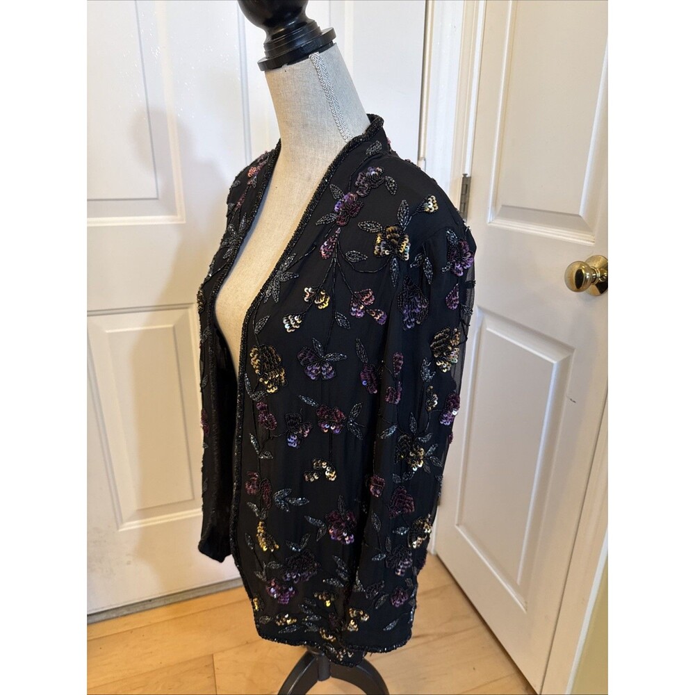 VINTAGE SEQUINS A J Bari 100% Silk Jacket With Pink Floral Sequins Size M